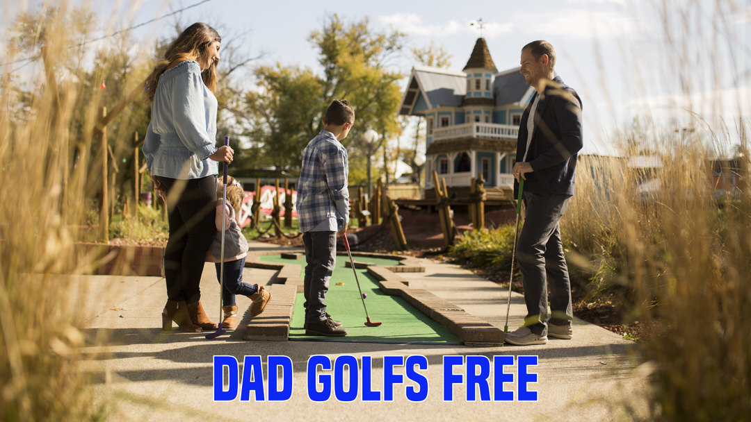 A family plays laser tag, with the text "dad golfs free" over it.