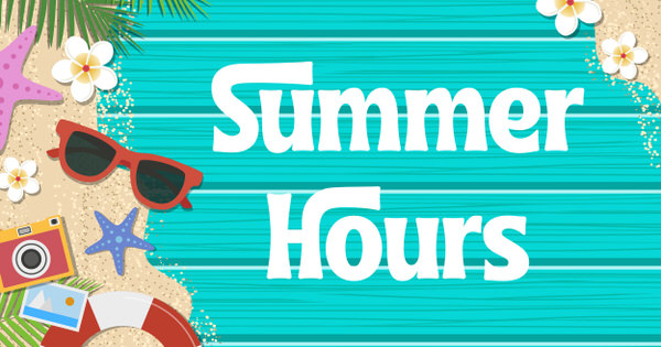 Summer Hours printed on a beach-themed background