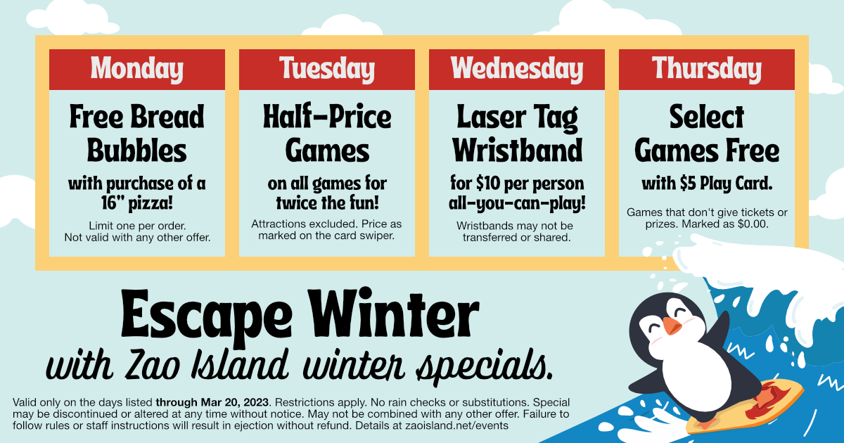 A banner for winter weekday specials available through March 20, 2023, as show on the calendar.